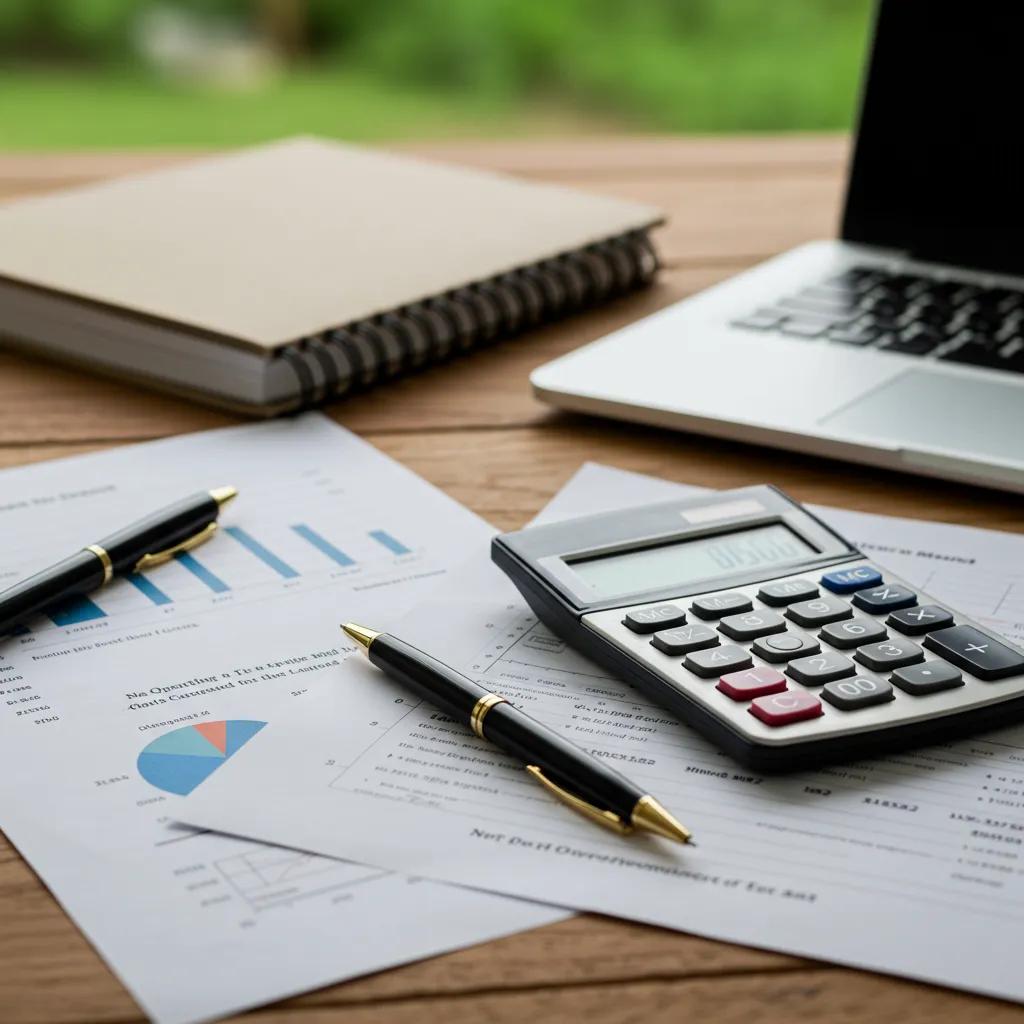 Workspace with calculator and financial documents illustrating Net Operating Income calculation