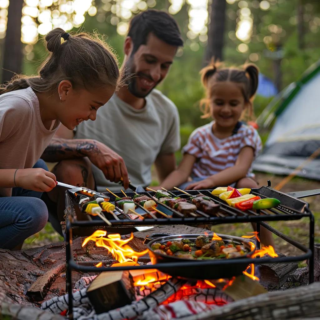 Family cooking over a campfire, demonstrating the advantages of fire pit camping