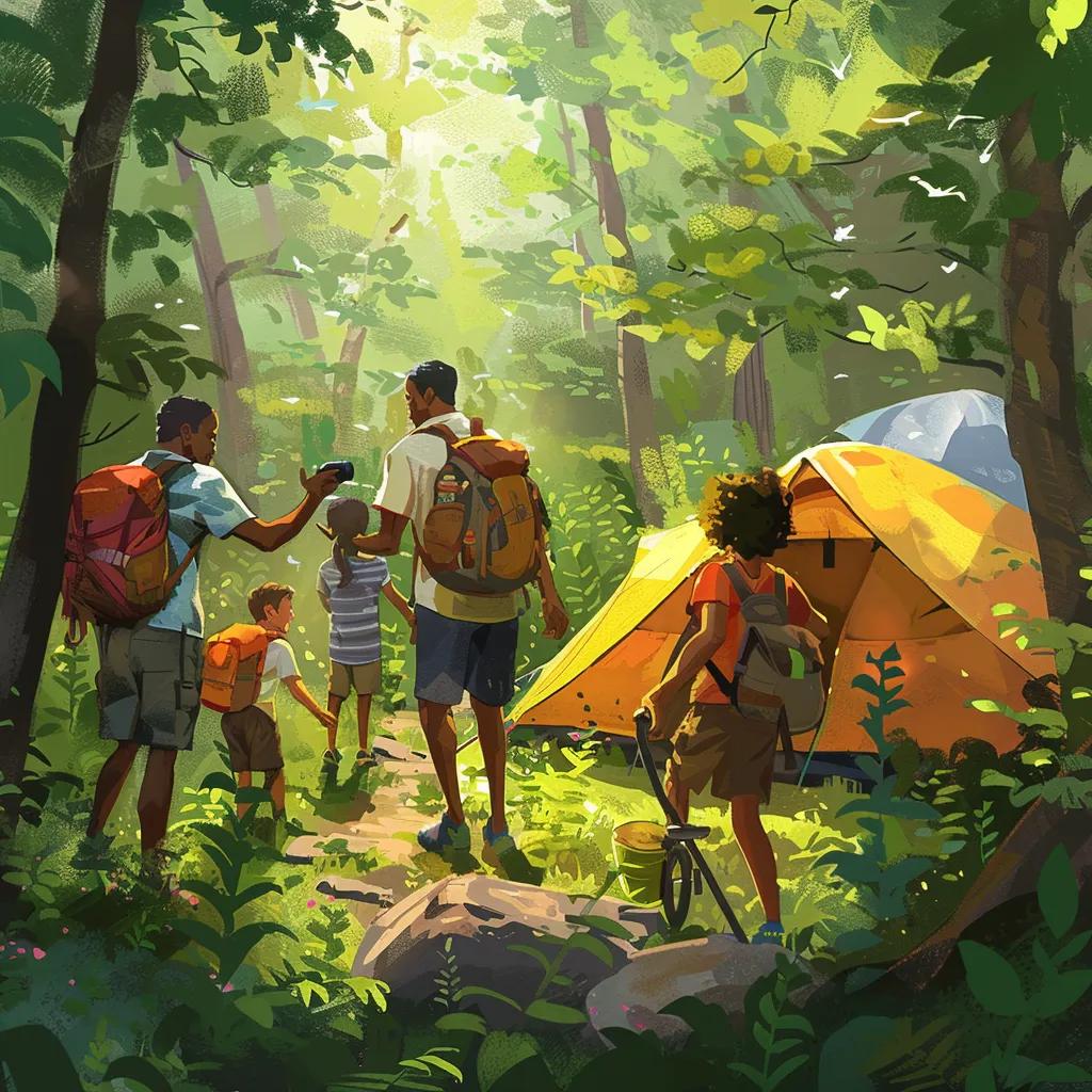 Family camping near hiking trails, showcasing outdoor adventure and bonding