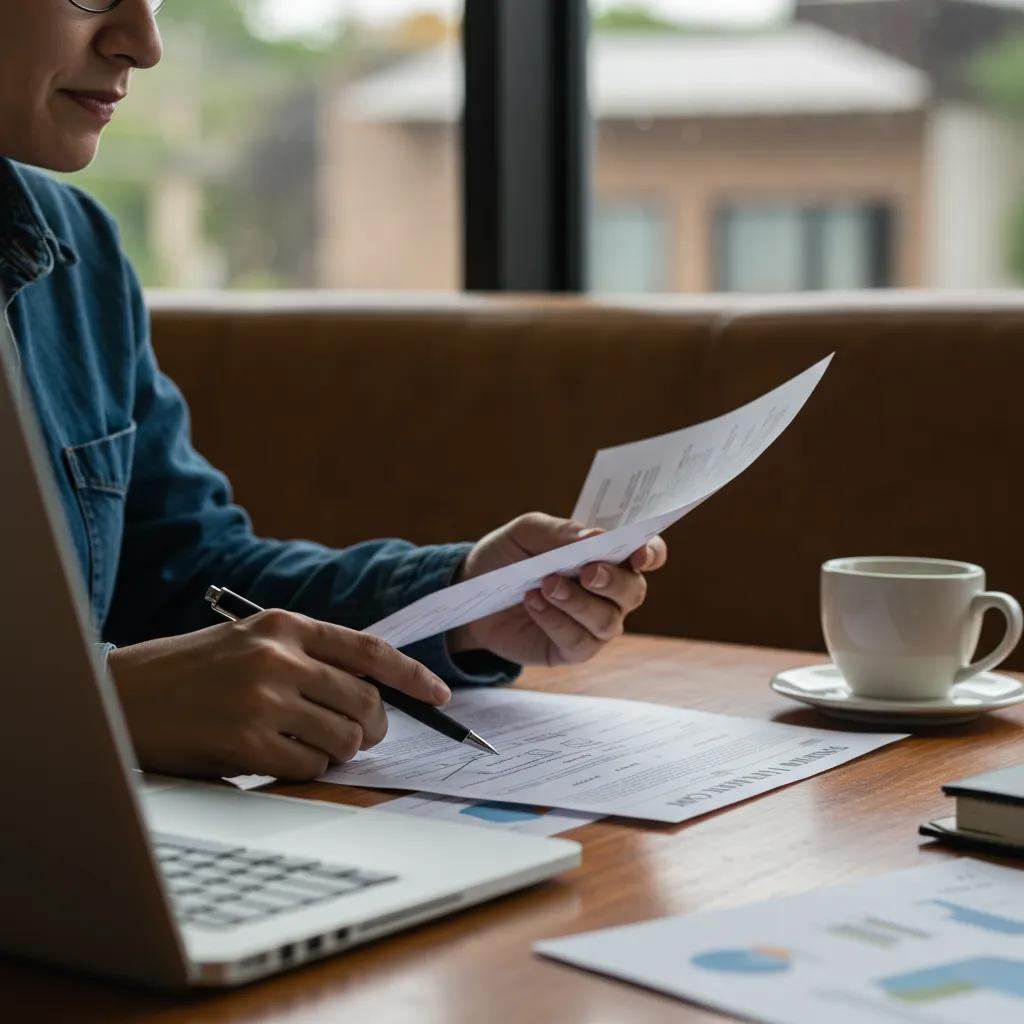 A business owner reviewing financial documents in a cozy office, illustrating the importance of financial preparation for RV park sales