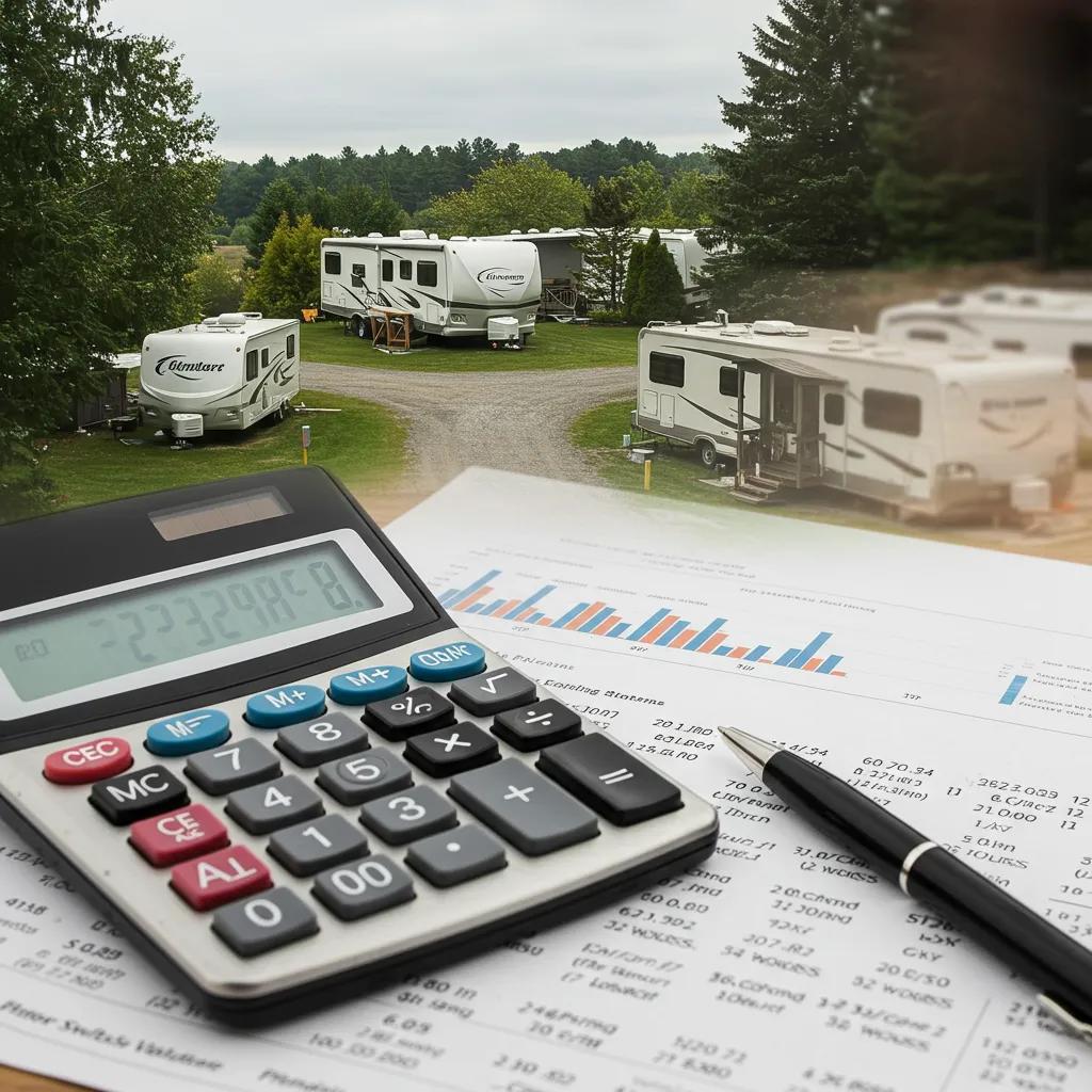 A calculator and financial documents with an RV park view, illustrating the concept of capitalization rates in campground valuation