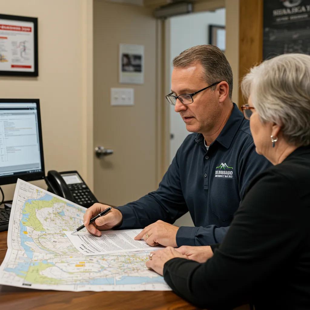 A campground broker discussing property details with a client, highlighting the broker's role in the sales process