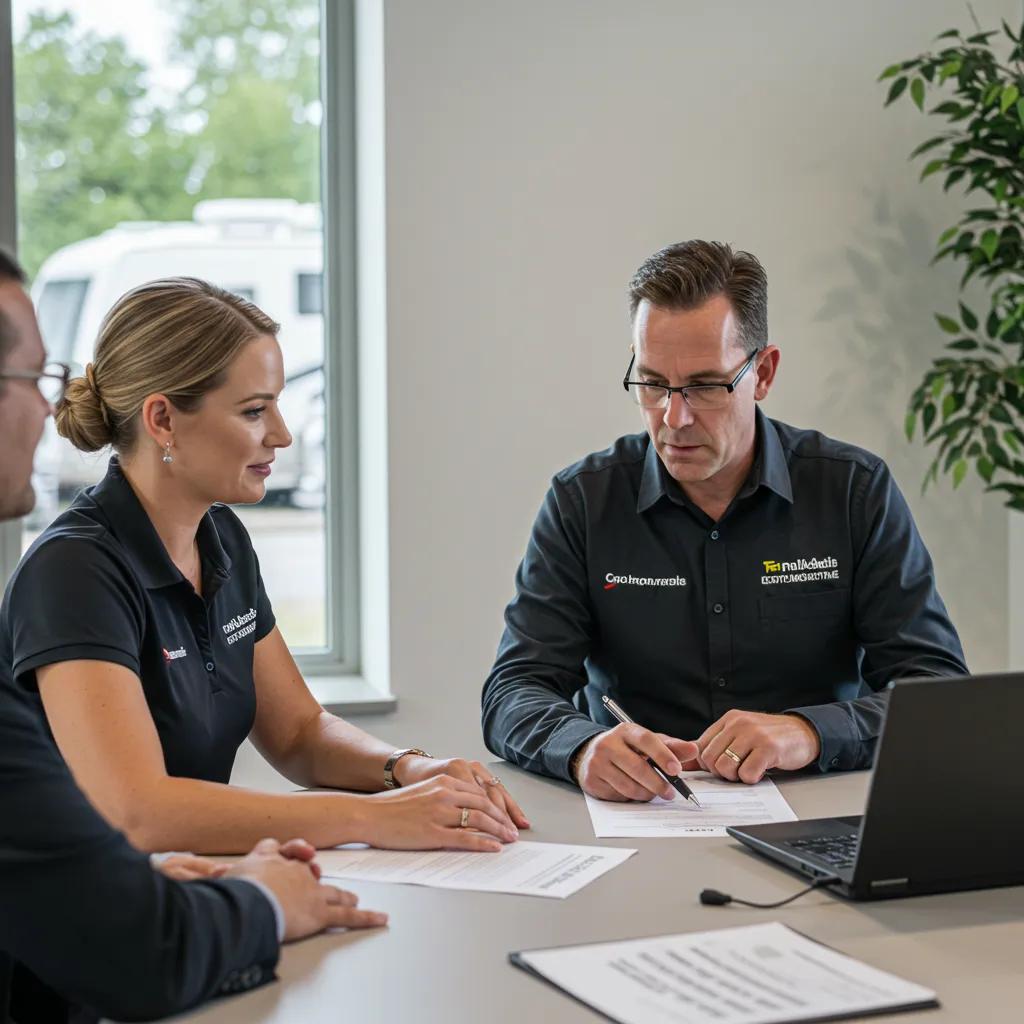 A campground broker discussing services with owners, emphasizing the value of professional assistance in sales