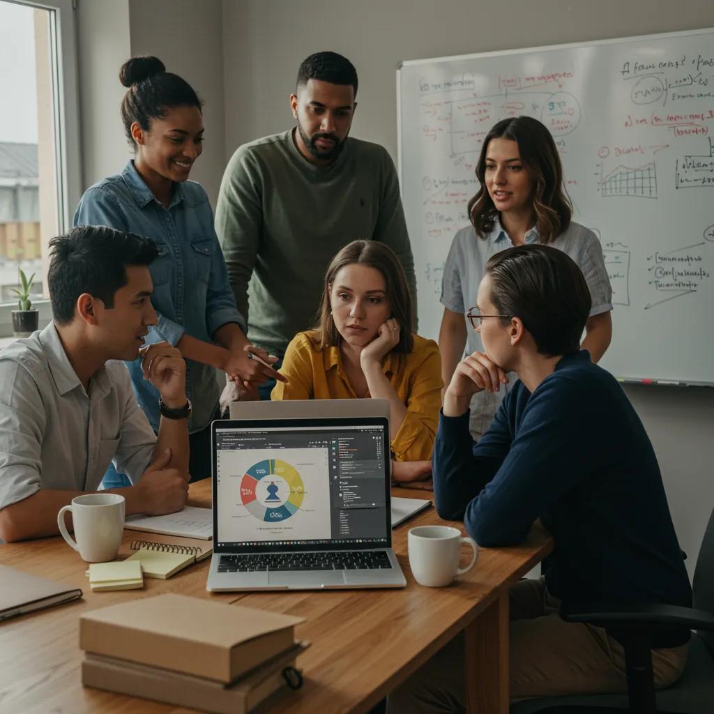 A family-owned business team collaborating on social media strategies in a warm office environment, emphasizing community values.