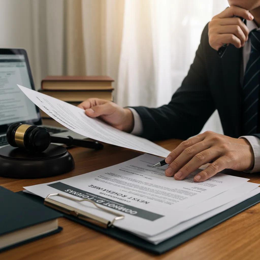 A legal professional reviewing property sale documents, emphasizing the importance of legal considerations in selling an RV resort