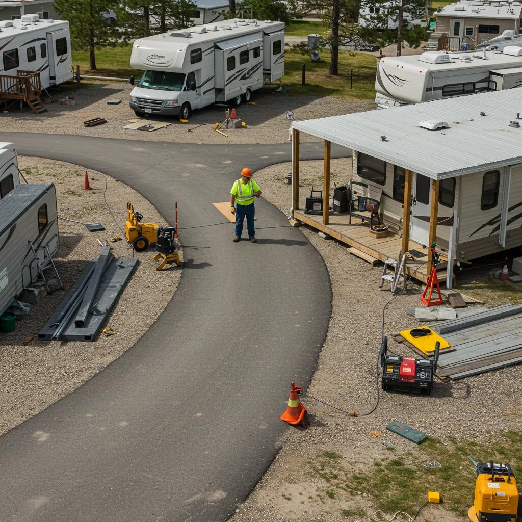 A maintenance worker inspecting RV park infrastructure, highlighting the significance of property condition in sale pricing