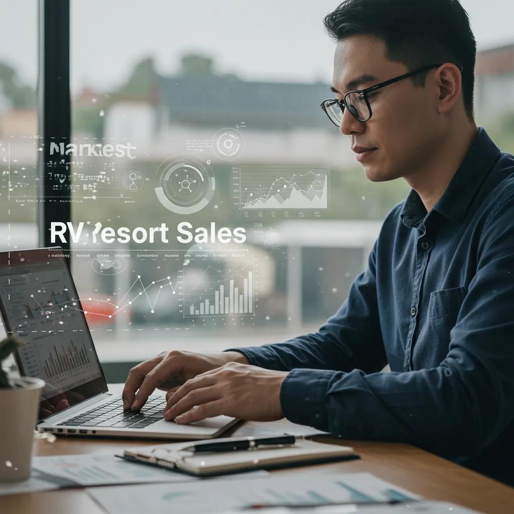 A person analyzing market data on a laptop, representing the influence of market conditions on RV resort sales.