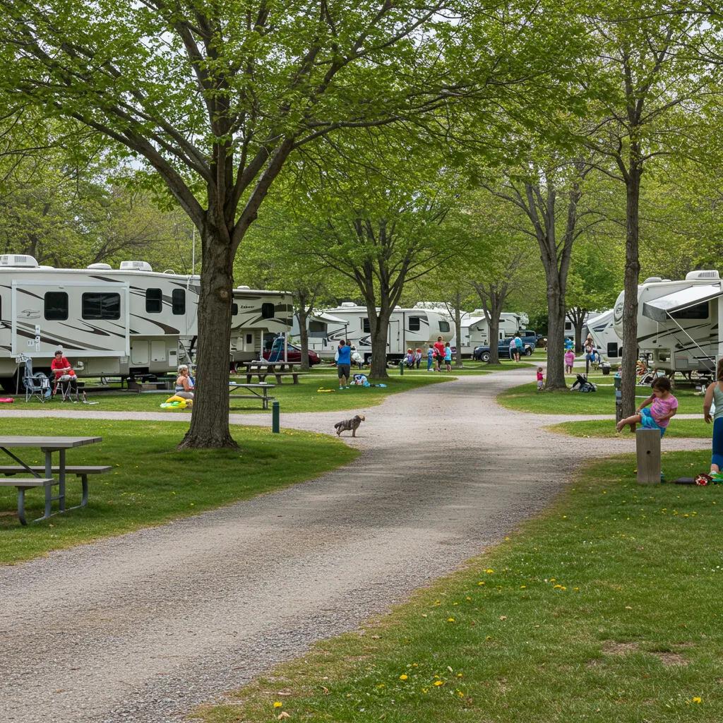 A picturesque campground with RV sites, families enjoying outdoor activities, and lush greenery