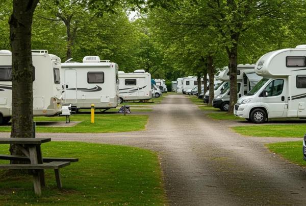 A picturesque campground with RVs and greenery, symbolizing the importance of documentation in selling campgrounds
