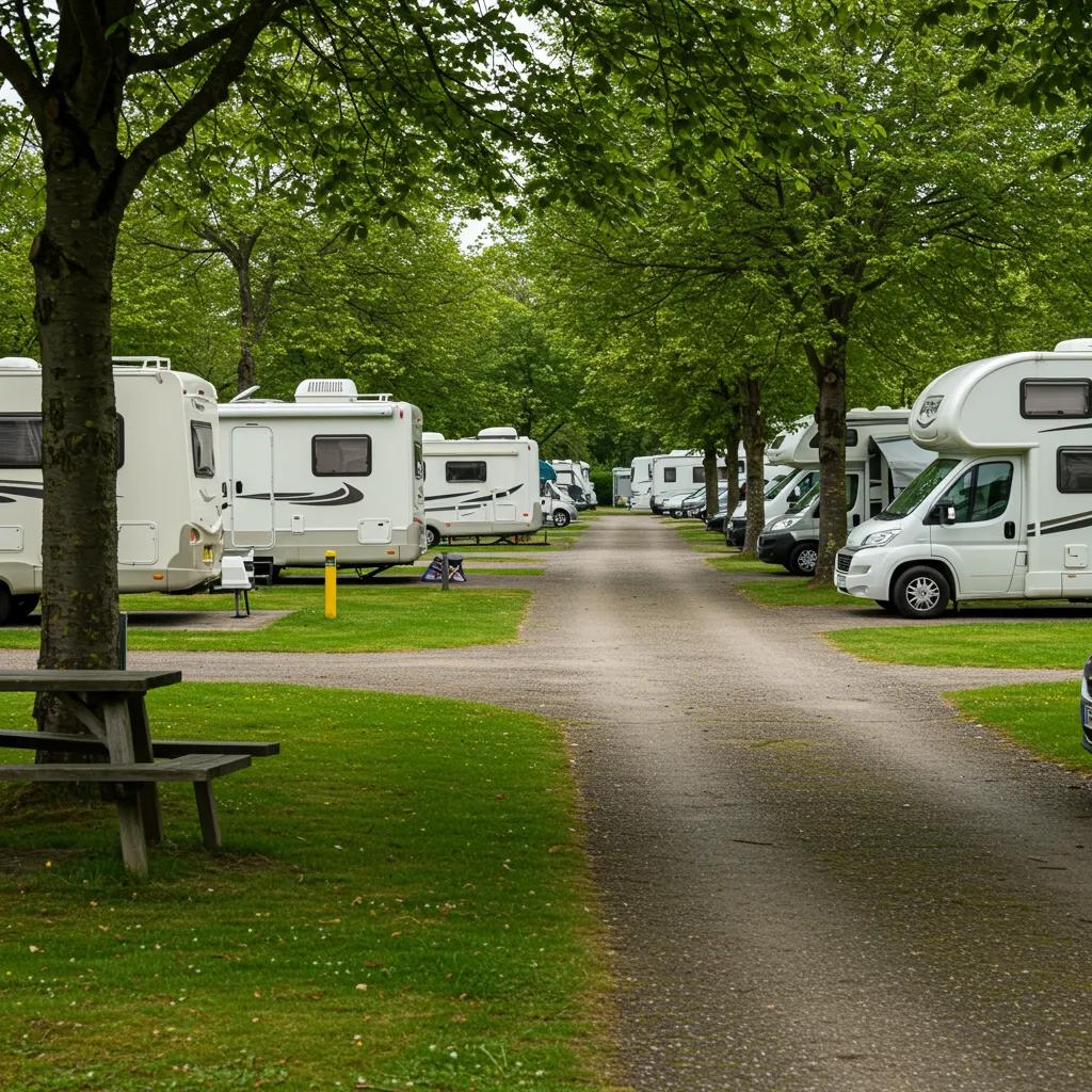 A picturesque campground with RVs and greenery, symbolizing the importance of documentation in selling campgrounds
