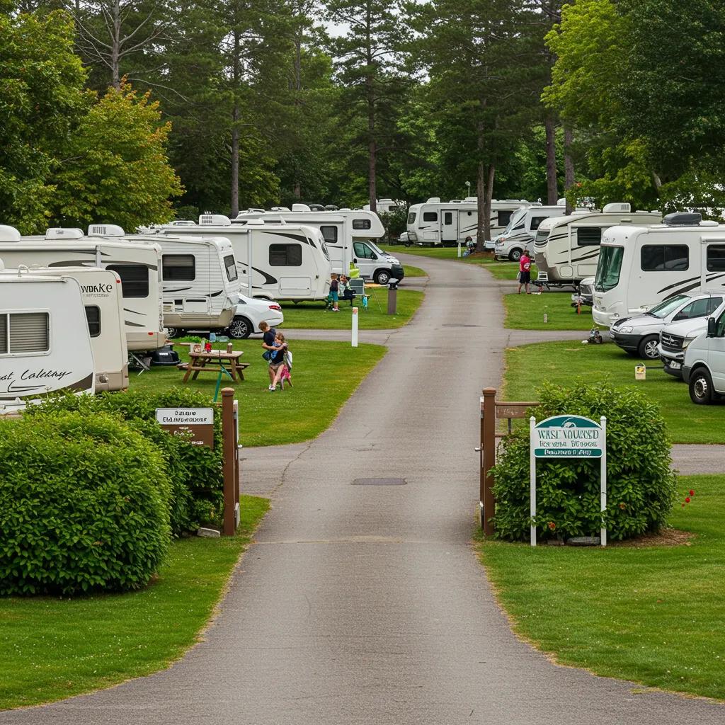 A picturesque RV park with well-maintained greenery and families enjoying outdoor activities