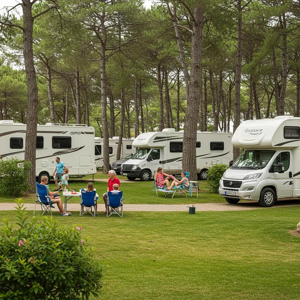 A scenic view of a lively RV resort with families enjoying outdoor activities, highlighting the community aspect of RV living.