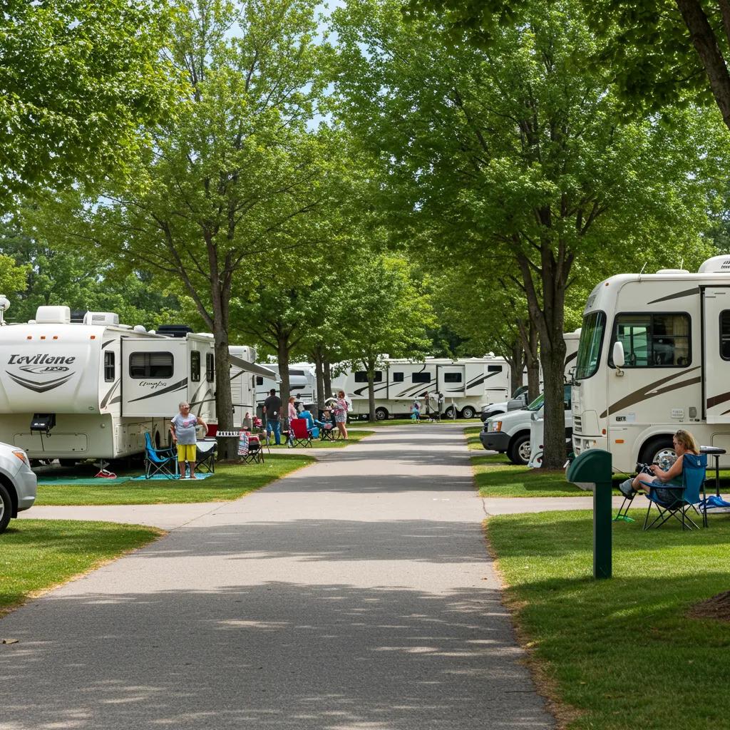 A scenic view of a well-maintained RV park with families enjoying outdoor activities