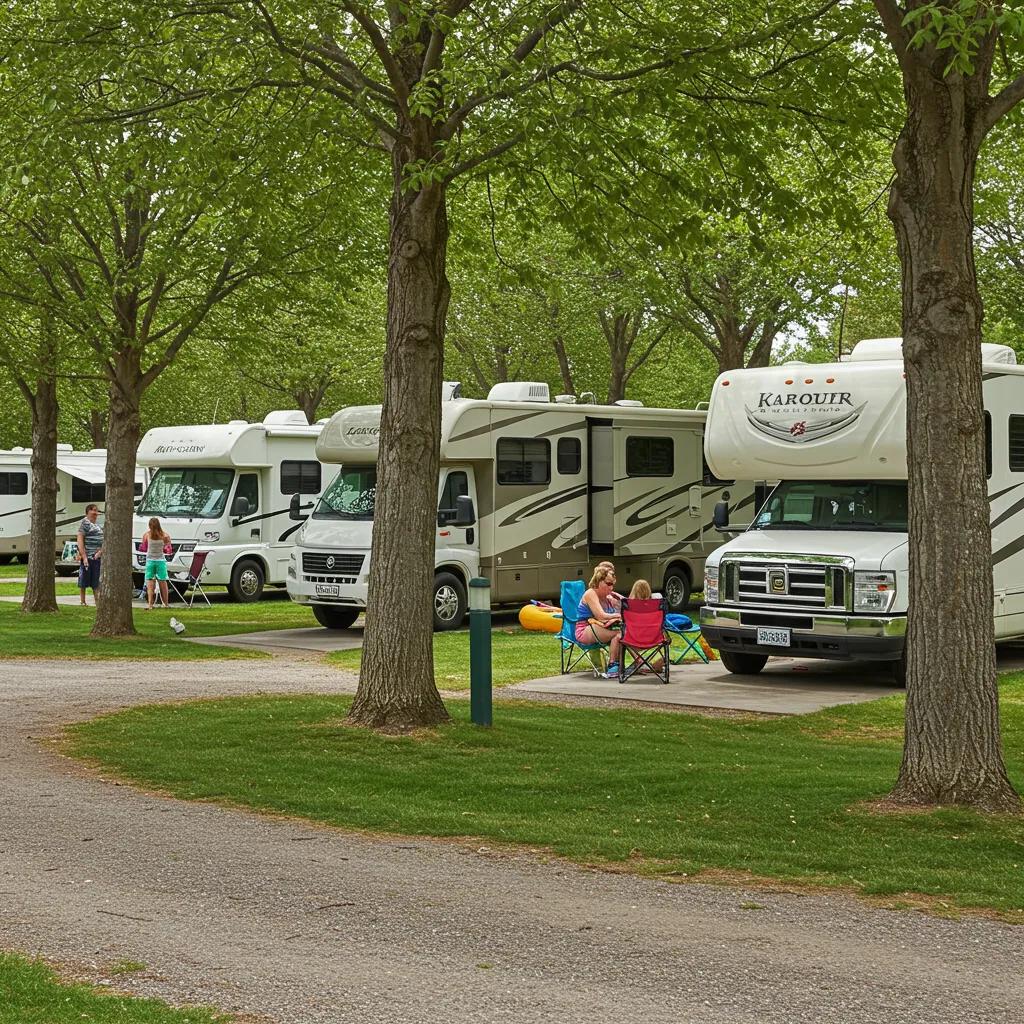 A scenic view of a well-maintained RV resort with families enjoying outdoor activities