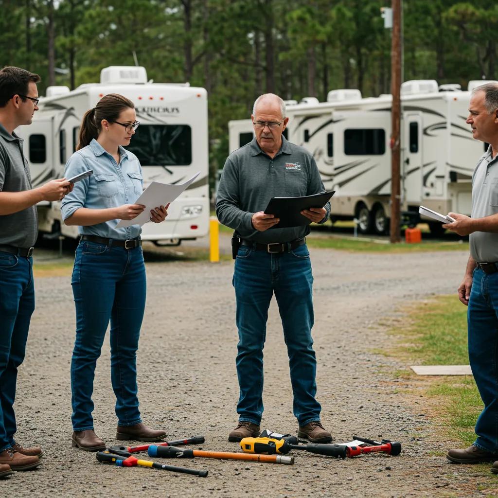 A team inspecting an RV park, discussing essential preparation steps for sale