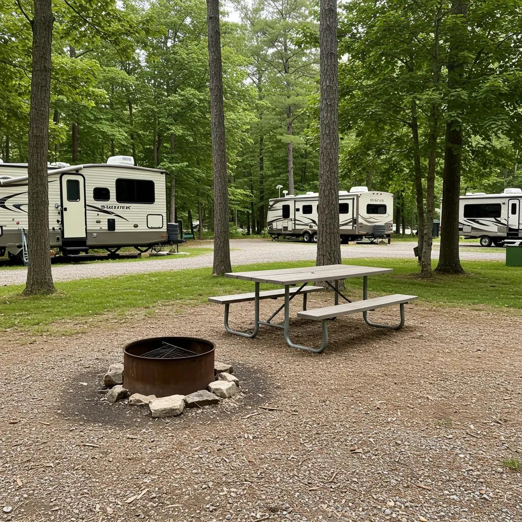 A well-maintained seasonal campsite in Michigan with a picnic table and fire pit