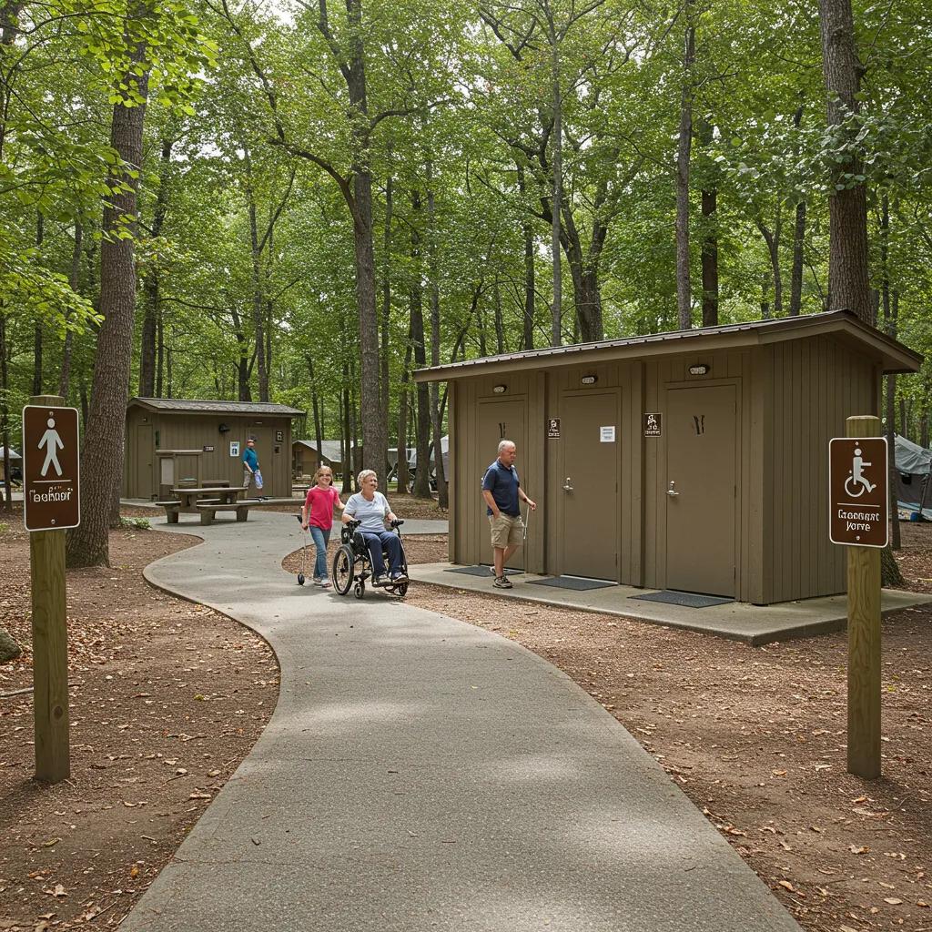 Accessible campground features including paved pathways and restrooms