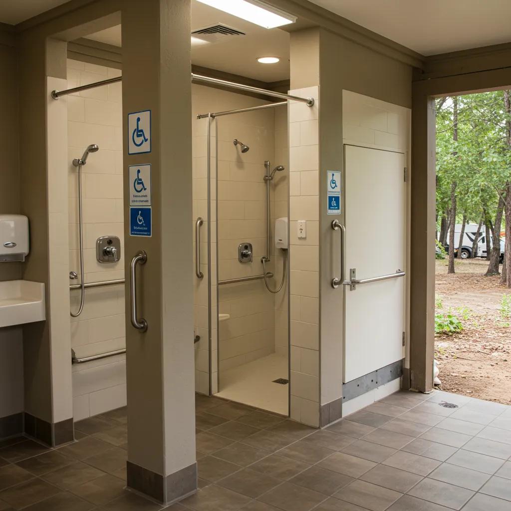 ADA compliant restroom facility at a campground with roll-in showers and grab bars