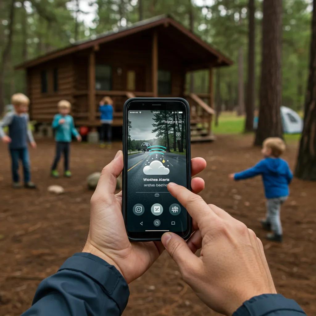Adult checking weather alerts on a smartphone at a campground, highlighting safety and connectivity