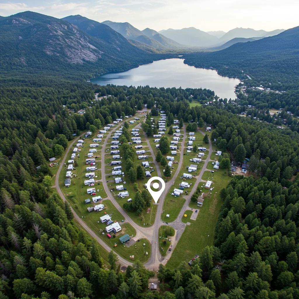 Aerial view of a campground near a lake and mountains, illustrating the importance of location