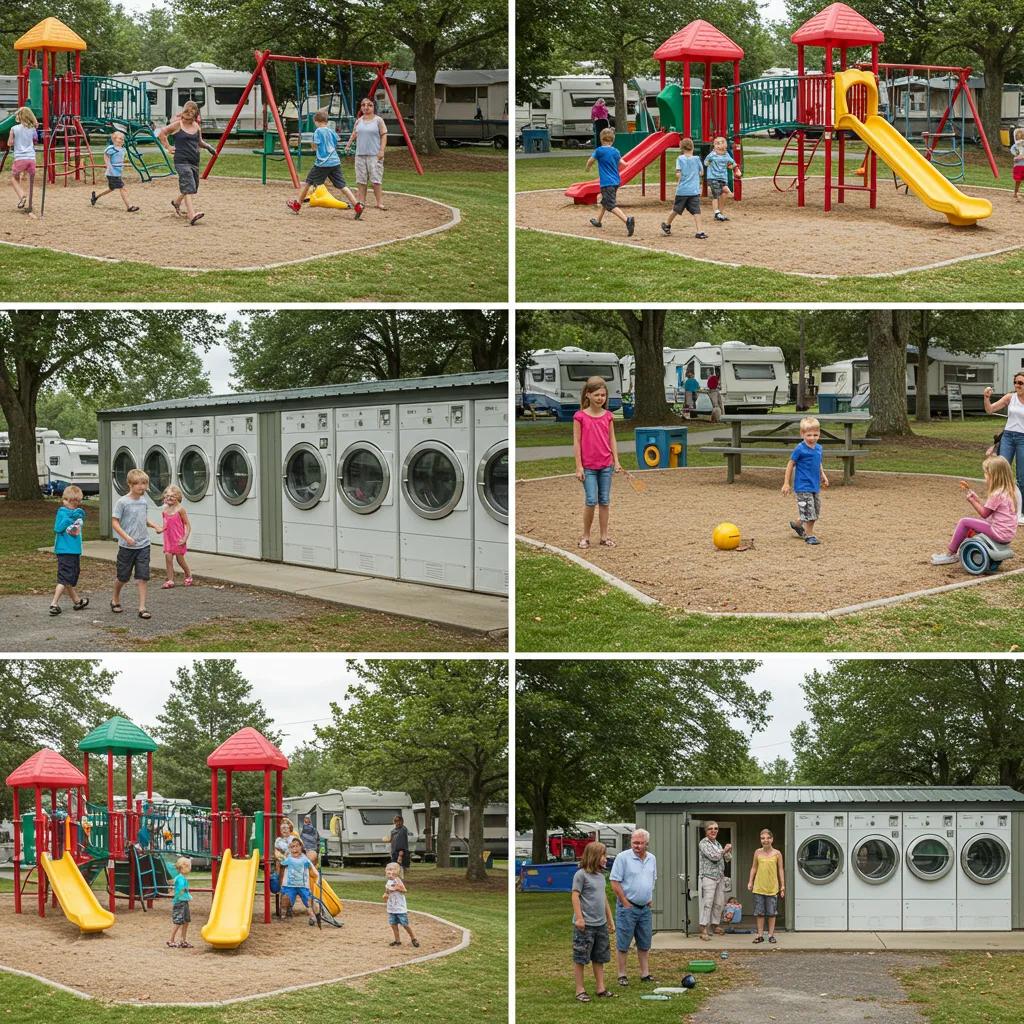 Amenities at a seasonal campground including playground and recreational facilities