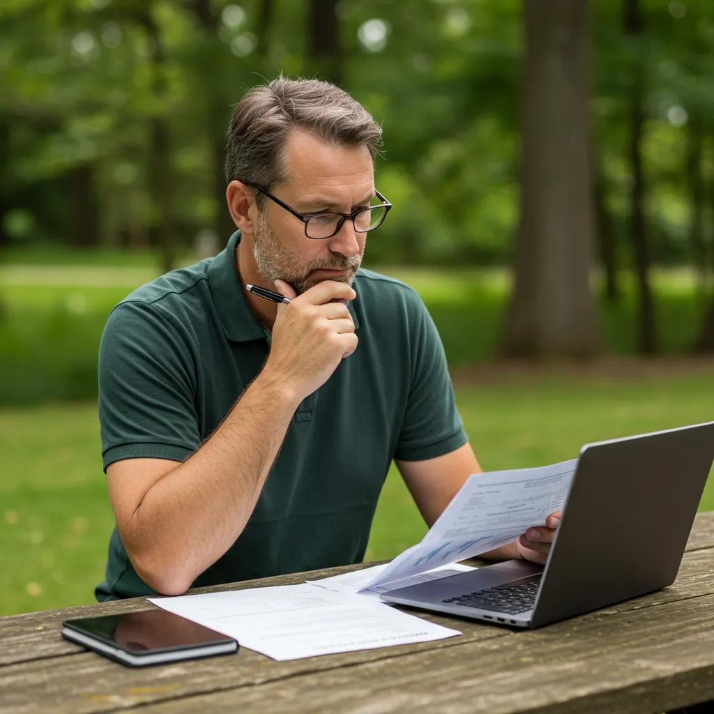 An RV park owner reviewing financial statements outdoors, highlighting valuation preparation