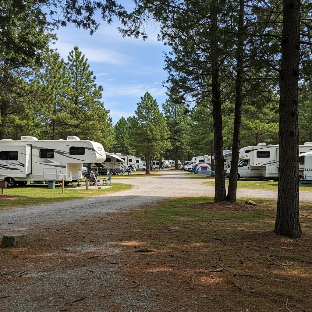 Beautiful campground scene with RVs and tents in a natural setting, highlighting outdoor hospitality