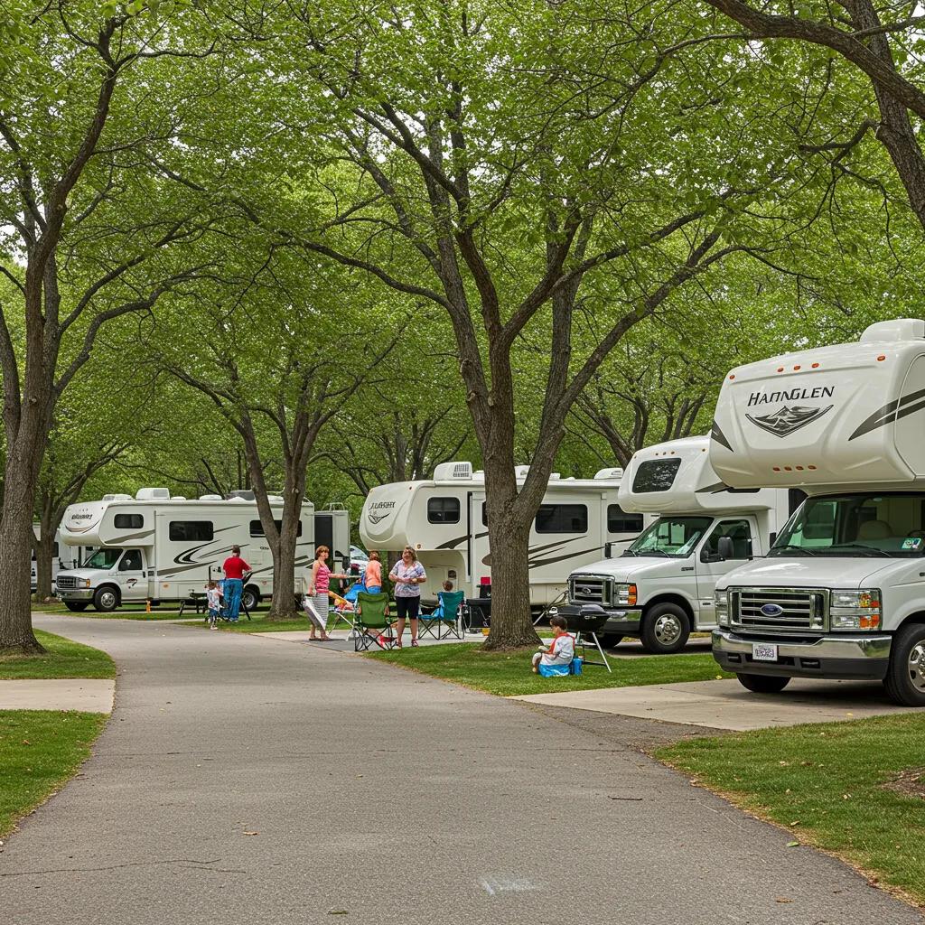 Beautiful RV resort with families enjoying outdoor activities and well-maintained RV sites