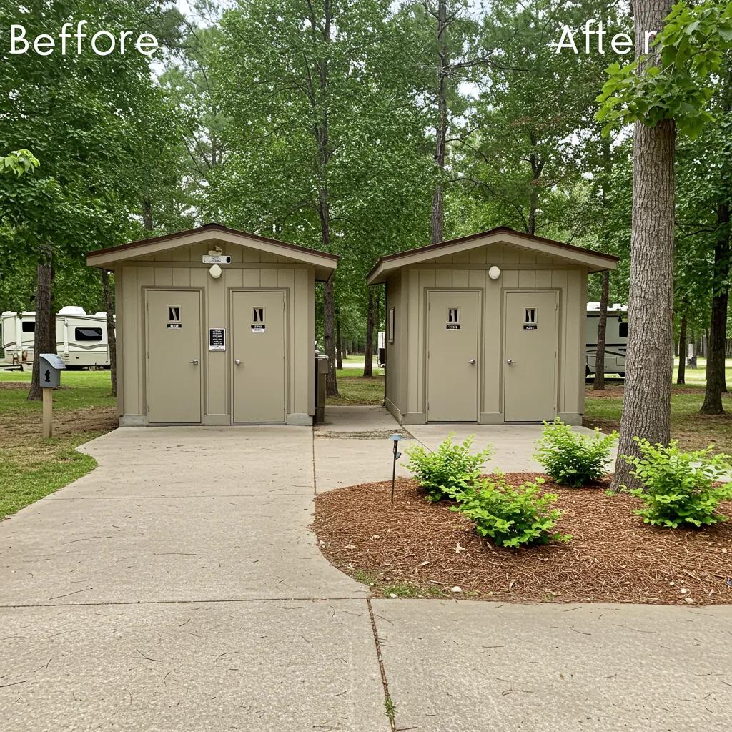 Before-and-after images of upgraded campground restrooms, illustrating the value of property improvements for a sale