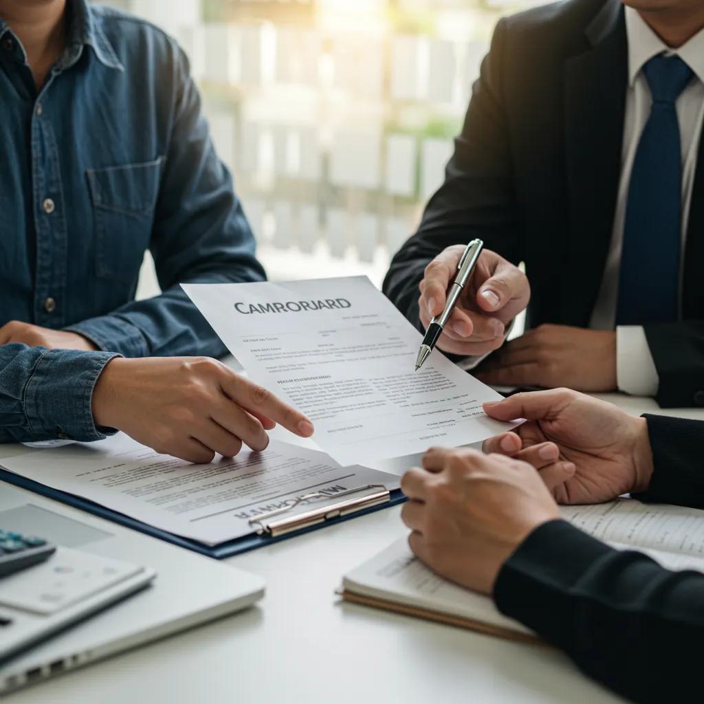 Broker and seller discussing commission rates in a professional office setting, highlighting the negotiation process