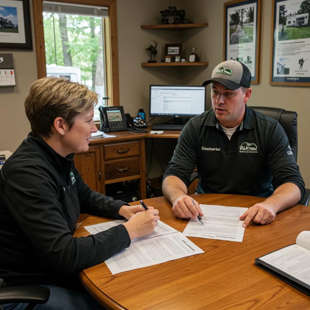 Broker discussing campground sale with a client in a cozy office