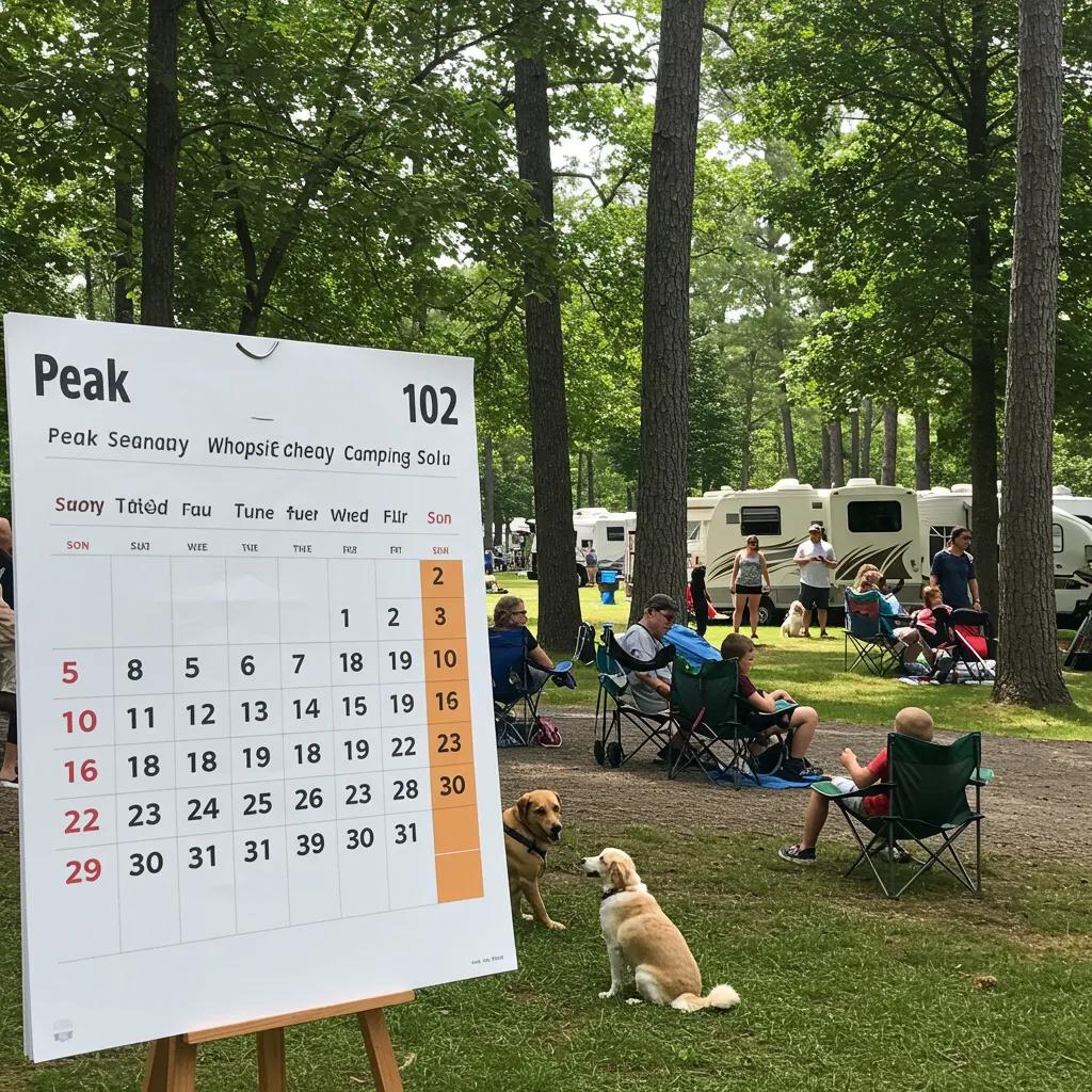 A calendar marking peak season dates for dog-friendly camping in Michigan