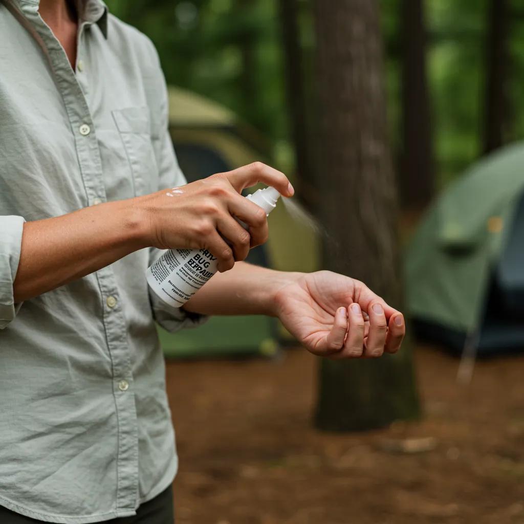 Camper applying bug repellent while dressed for protection against pests in a campsite