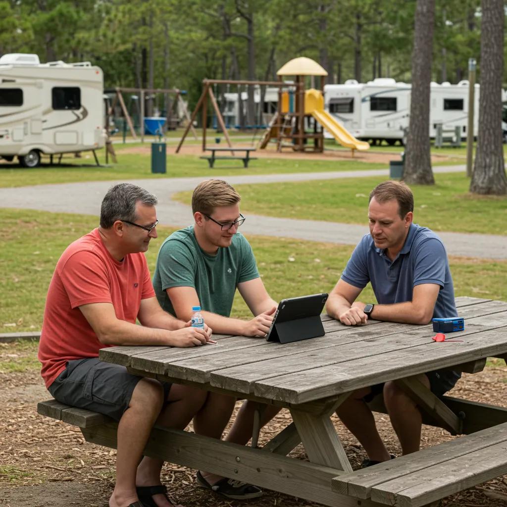 Campers reviewing cleanliness and maintenance feedback in a well-kept campground