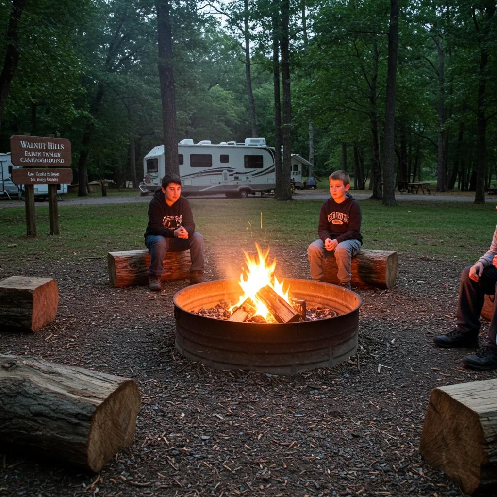 Campfire safety scene at Walnut Hills Campground with campers enjoying a fire in a designated fire ring
