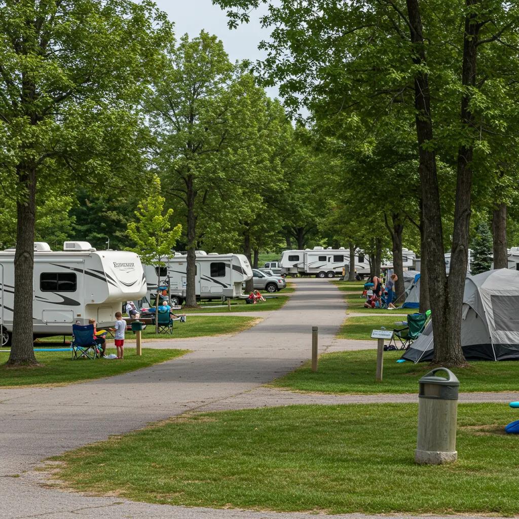 Campground and RV park scene with families enjoying outdoor activities