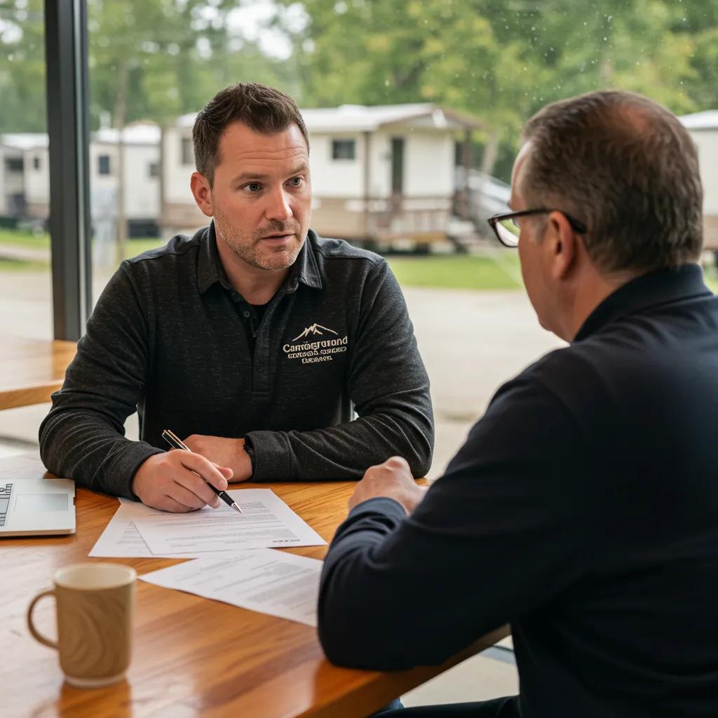 Campground broker consulting with an owner, showcasing a collaborative discussion about fees and services