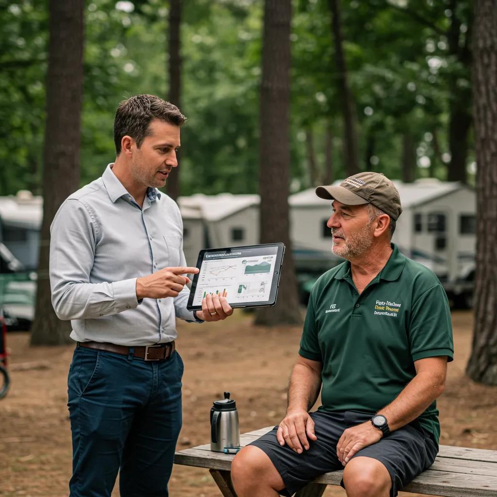 Campground broker consulting with owner, showcasing expertise in outdoor hospitality transactions