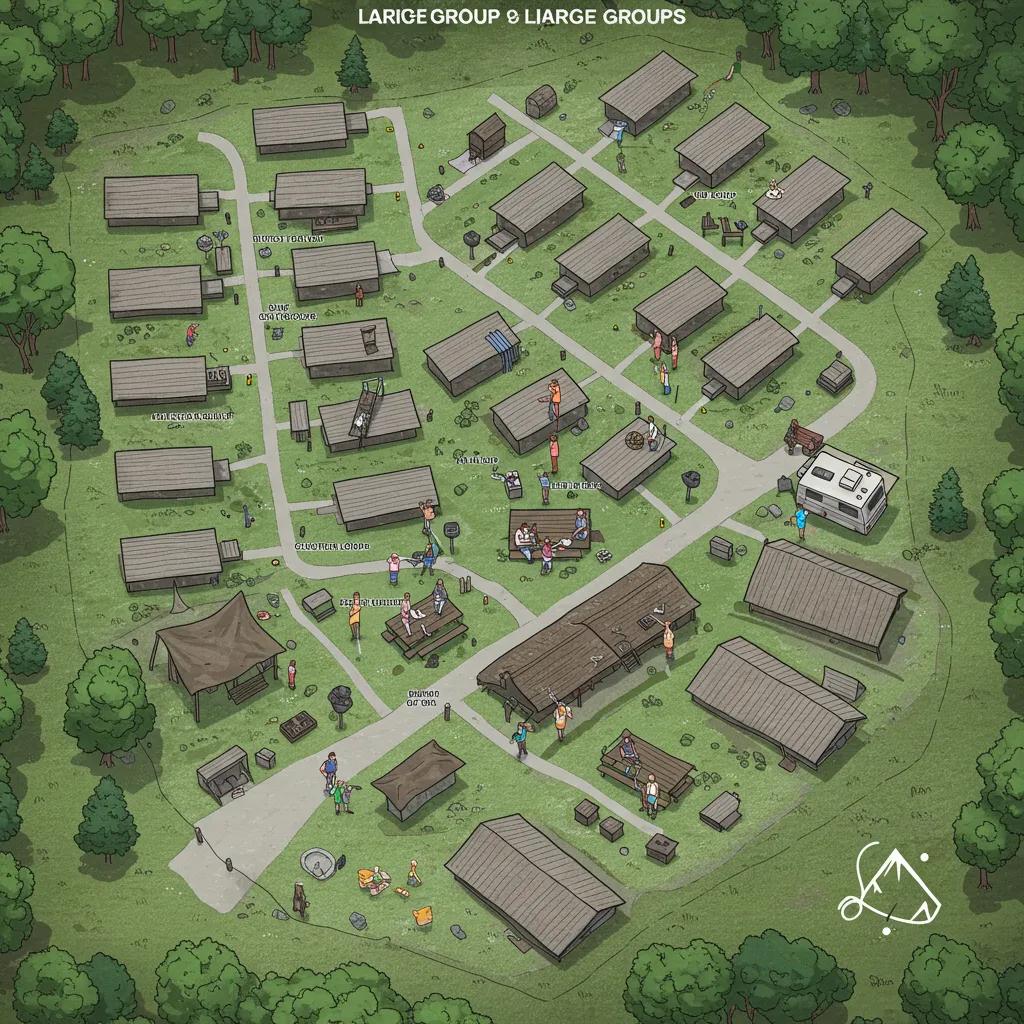 Campground facilities designed for large groups, featuring pavilions and clustered campsites