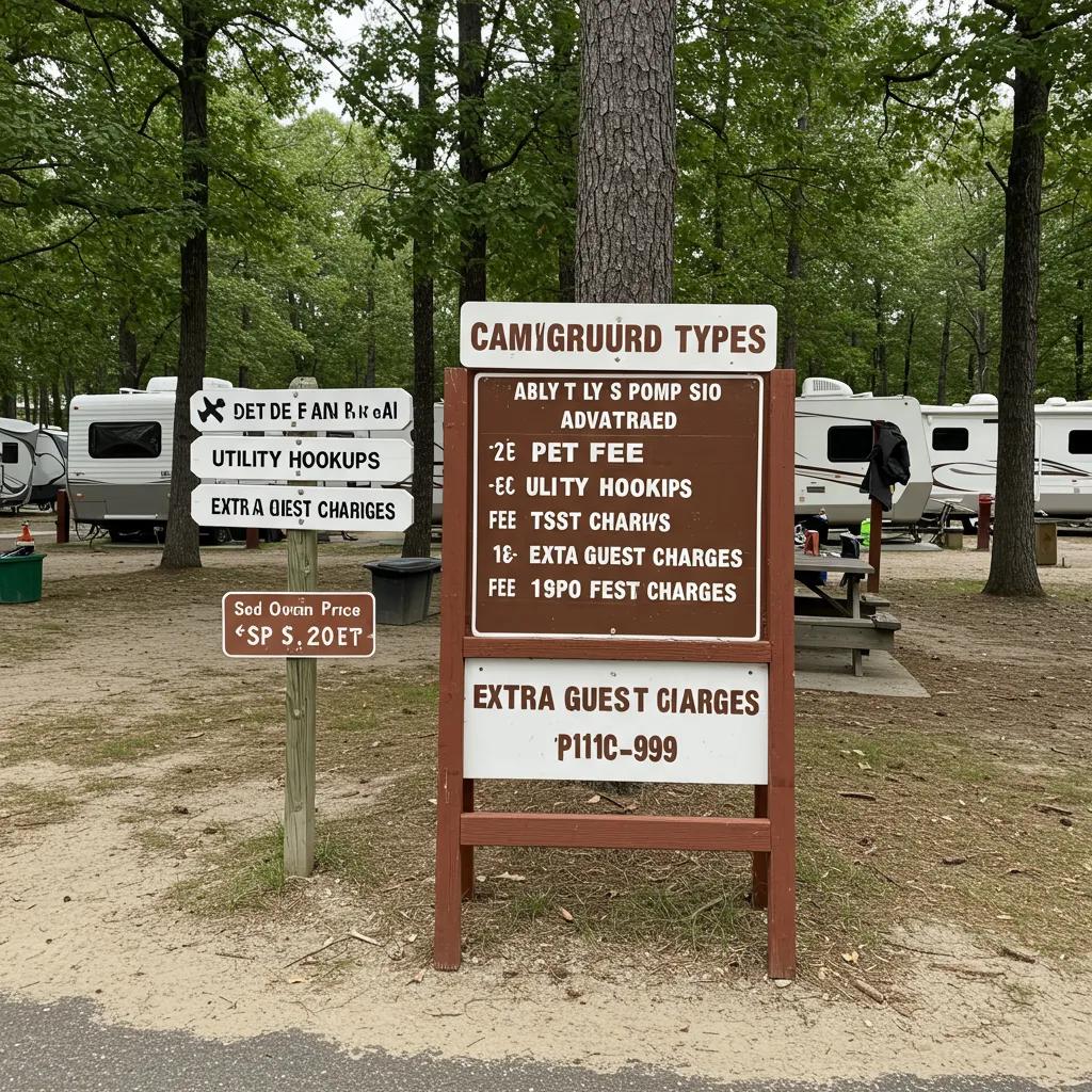 Campground fee signboard displaying various charges like pet fees and utility hookups in a natural camping environment