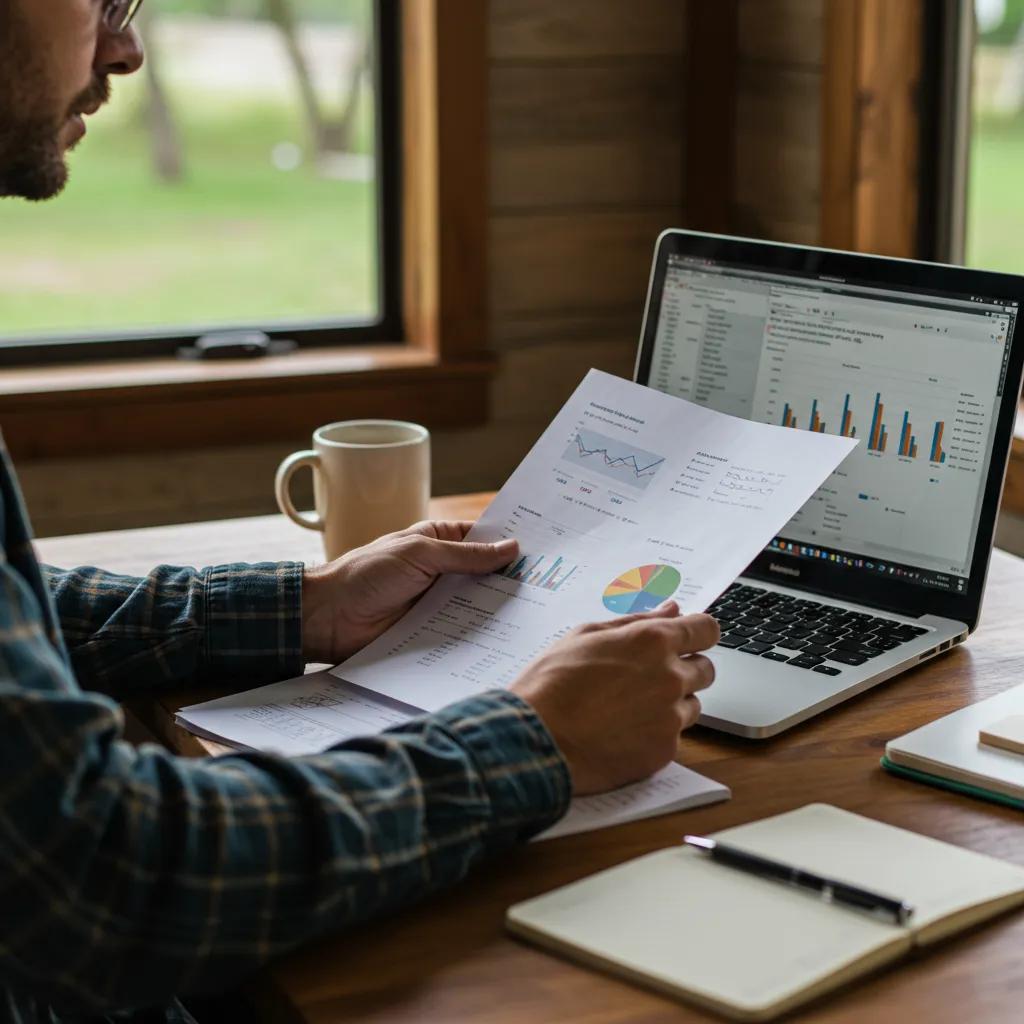 Campground owner reviewing financial documents, emphasizing the importance of key metrics for a property sale