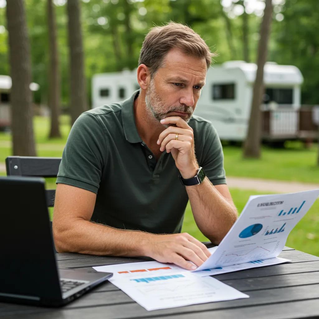 Campground owner analyzing financial documents outdoors, emphasizing the importance of accurate valuation
