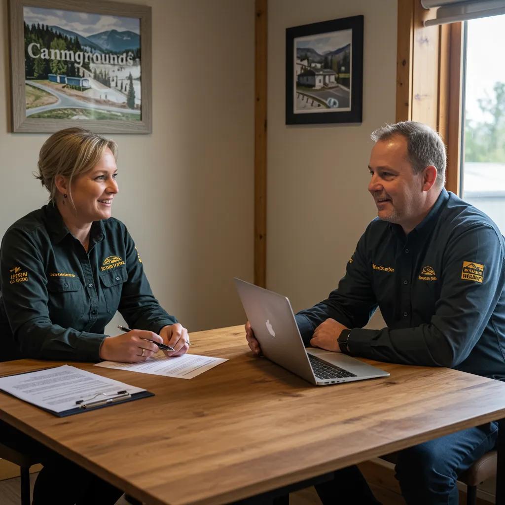 Campground owner discussing selling options with a real estate agent in a cozy office