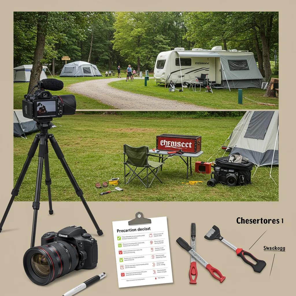 Campground owner preparing property for sale with photography equipment and maintenance tools