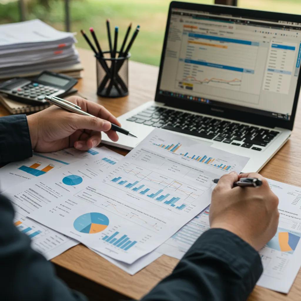 Campground owner reviewing organized financial documents for sale