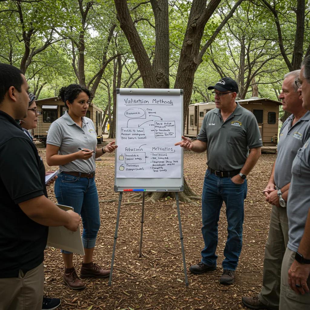 Campground owners discussing effective valuation methods in a natural outdoor setting