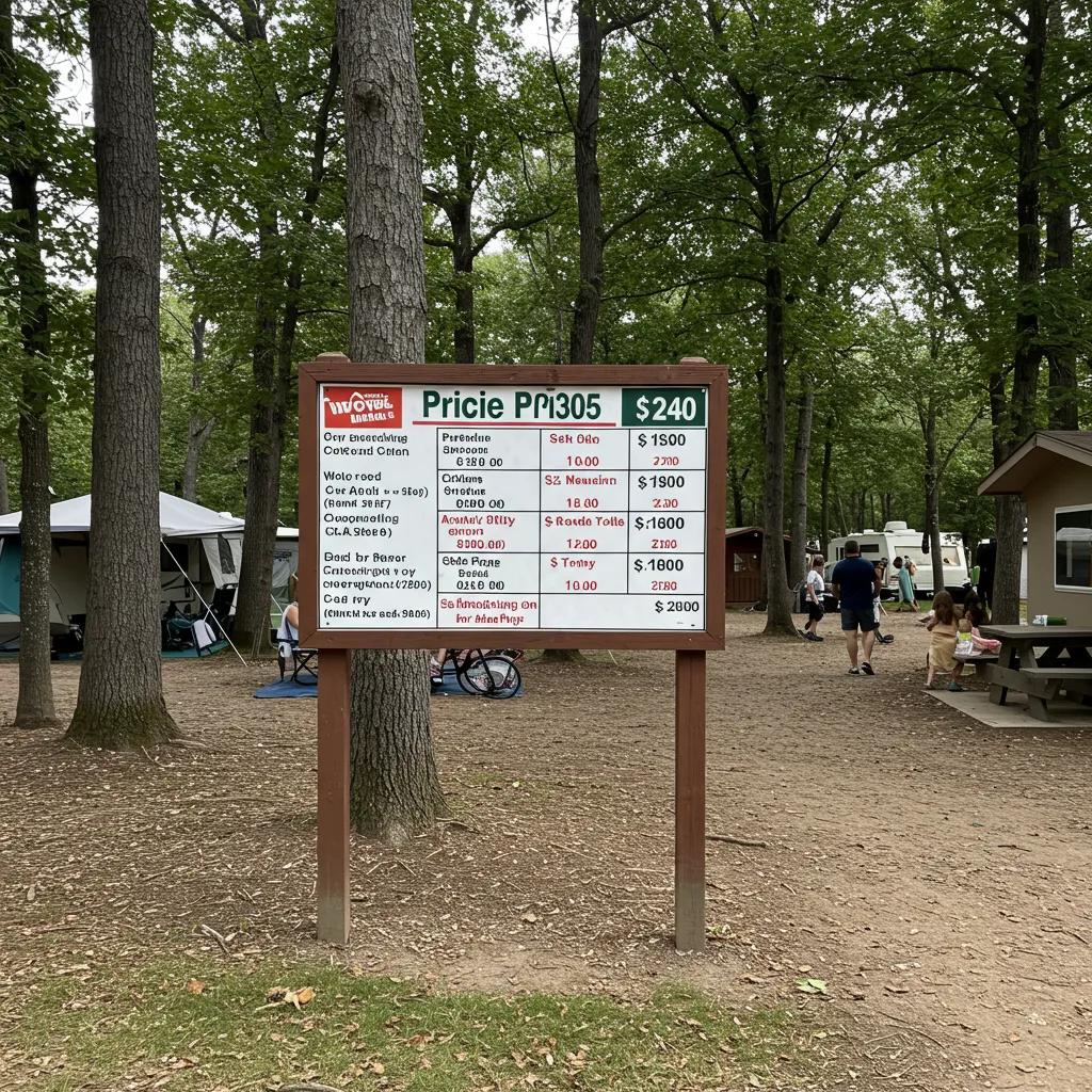 Campground pricing board displaying transparent fees and amenities, emphasizing clarity for campers