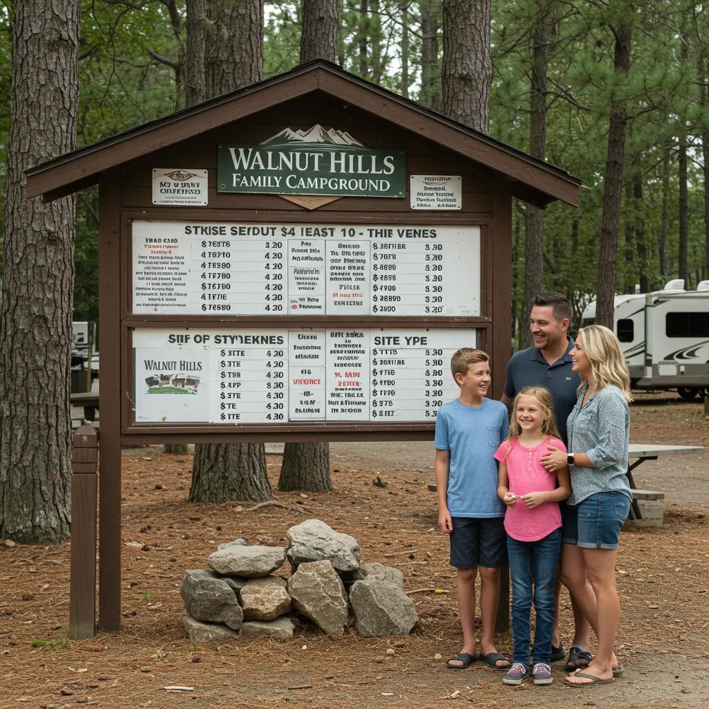 Campground pricing board showing site types and rates at Walnut Hills
