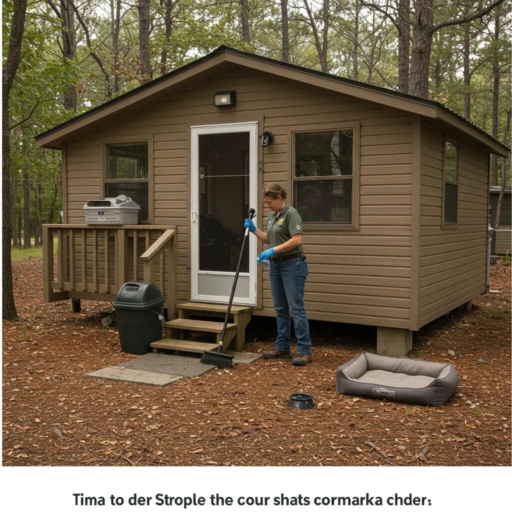 Campground staff cleaning a pet-friendly cabin, illustrating the operational costs associated with pet amenities