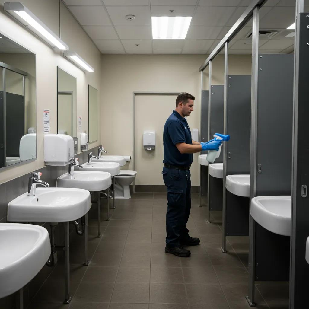Campground staff member cleaning restroom facilities to maintain hygiene standards